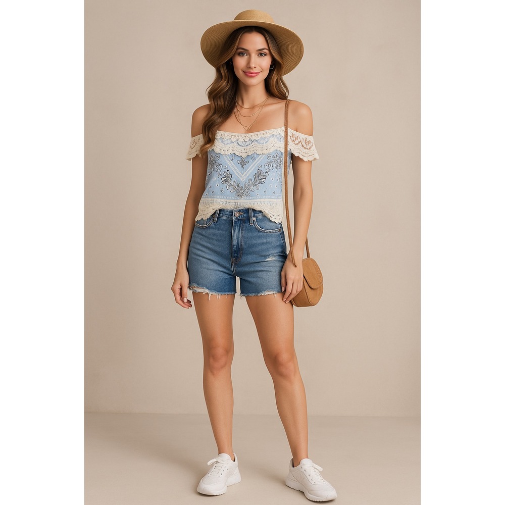 Cold Shoulder Top Juniors S 3/5 Blue Bandana Lace Boho Festival‎ Summer Coquette